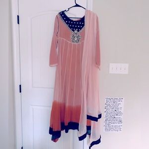 Vintage Indian Bollywood Pink Red Aubergine Lace Teal Green Silk Chiffon Dress